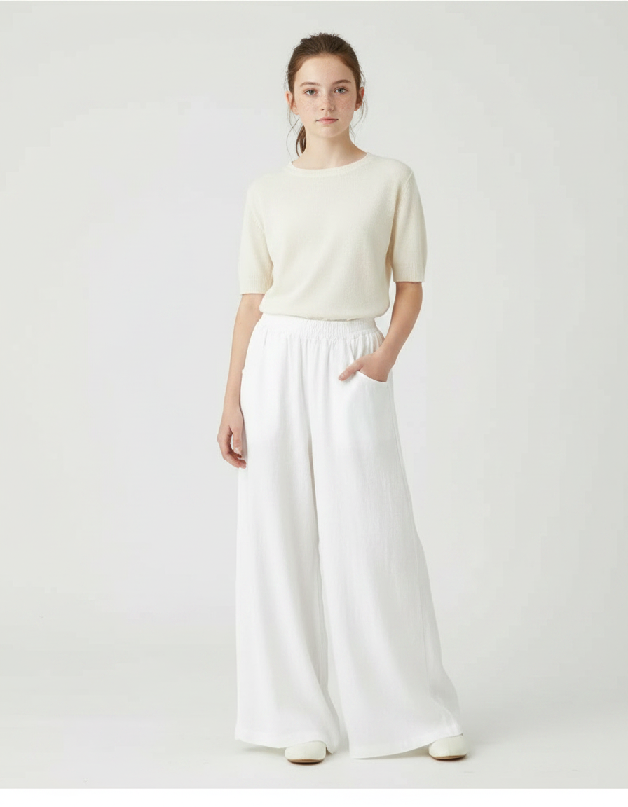 Pantalon Fluide Blanc Ample Coton Lin Taille Haute