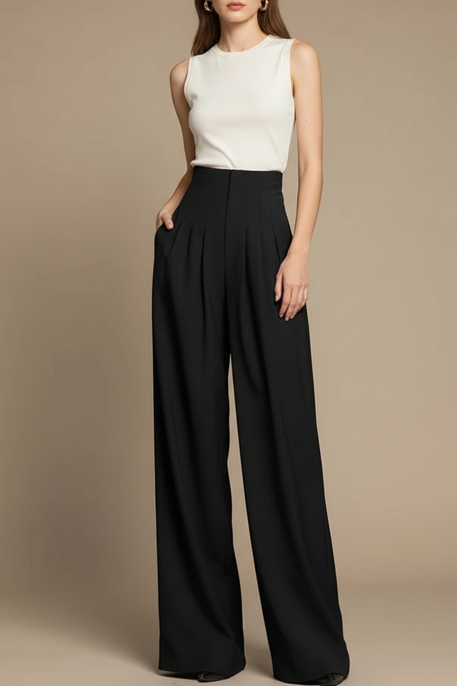 Pantalon Fluide Femme Noir Palazzo Viscose Chic - Polyester