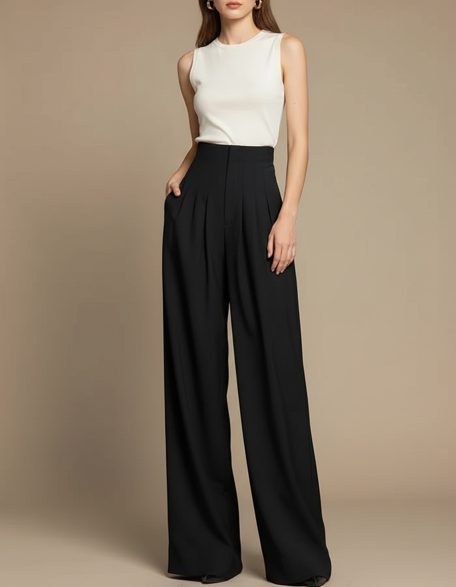 Pantalon Fluide Femme Noir Palazzo Viscose Chic - Polyester