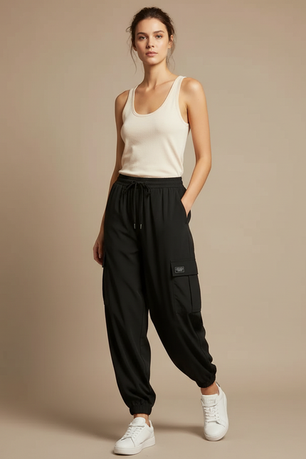 Pantalon Fluide Noir Cargo Ample Taille Haute Casual - Polyester