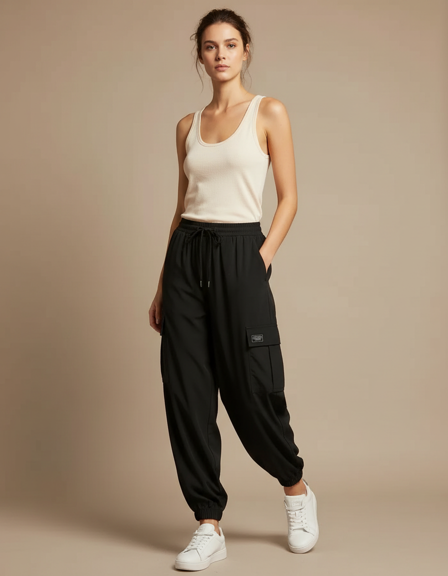 Pantalon Fluide Noir Cargo Ample Taille Haute Casual - Polyester
