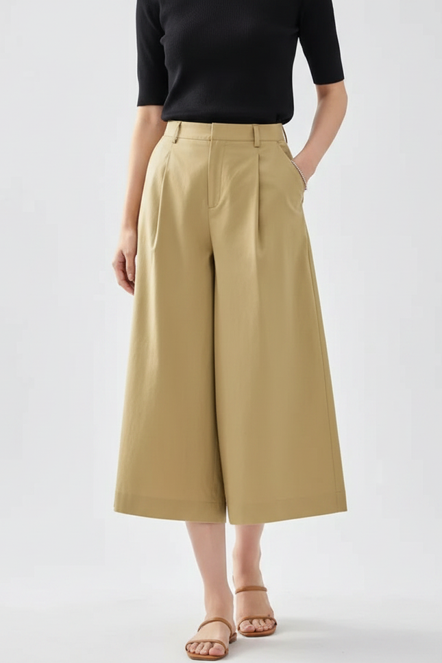 Pantalon Fluide Beige Large Plissé Court Chic - Gabardine