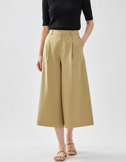 Pantalon Fluide Beige Large Plissé Court Chic - Gabardine