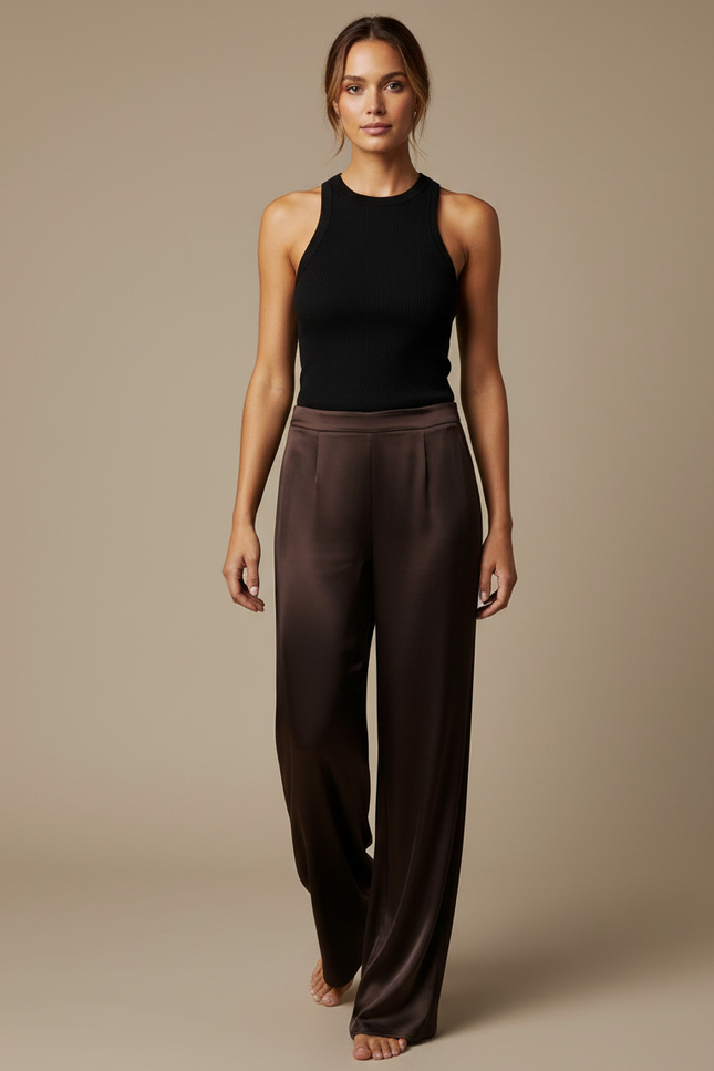 Pantalon Fluide Marron Satiné Ample Élégant Taille Haute