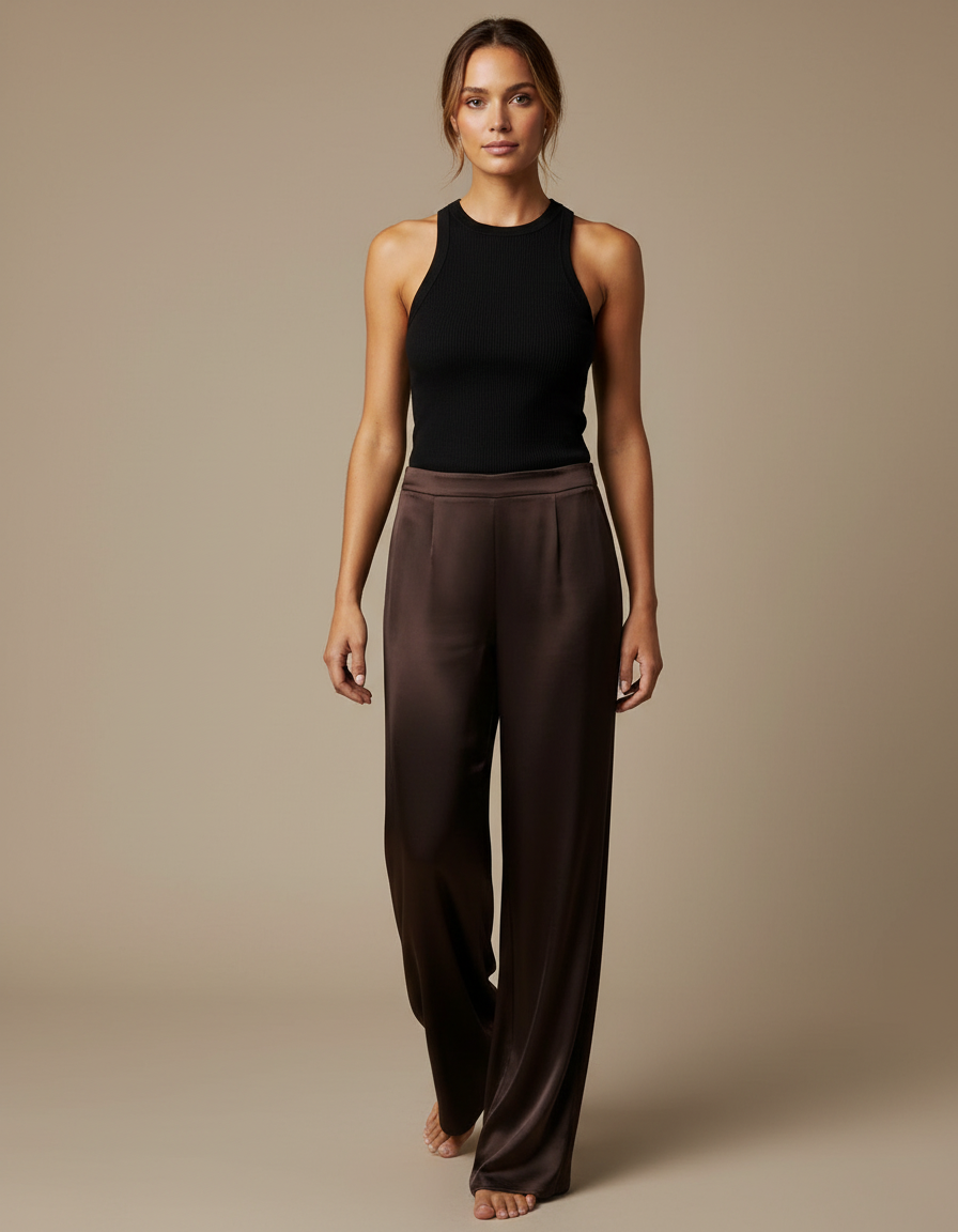 Pantalon Fluide Marron Satiné Ample Élégant Taille Haute