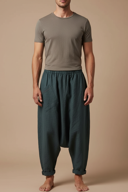 Pantalon Fluide Lin Ample Sarouel Vert Homme