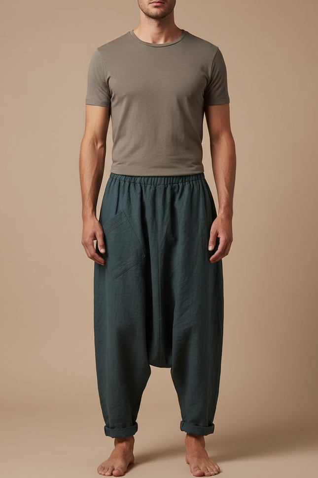 Pantalon Fluide Lin Ample Sarouel Vert Homme