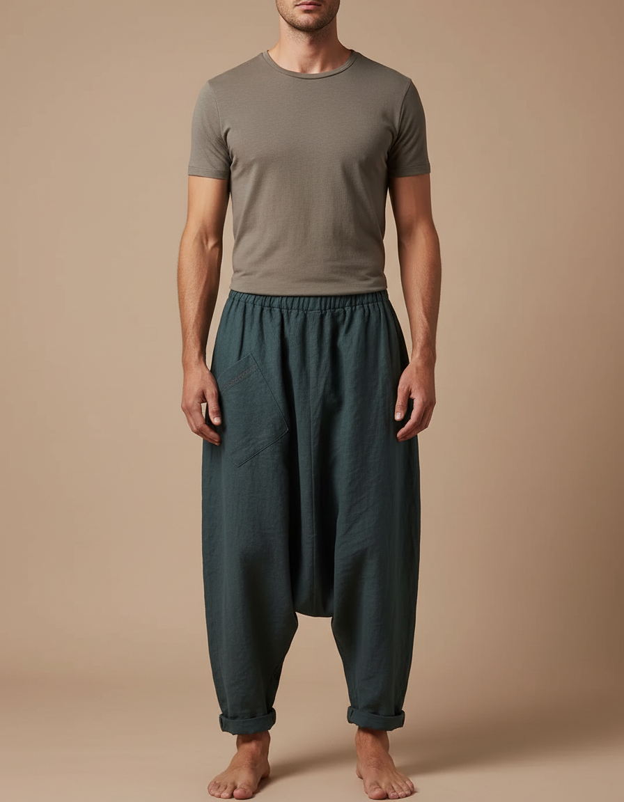 Pantalon Fluide Lin Ample Sarouel Vert Homme