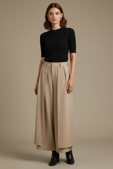 Pantalon Fluide Kaki Large Plissé Élégant Femme - Gabardine
