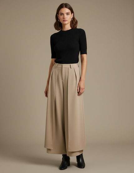 Pantalon Fluide Kaki Large Plissé Élégant Femme - Gabardine