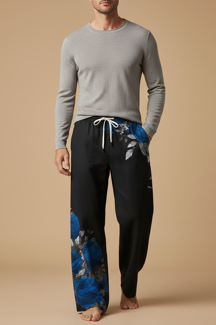 Pantalon Fluide Noir Ample Imprimé Roses Bleues Cordon Homme - Viscose