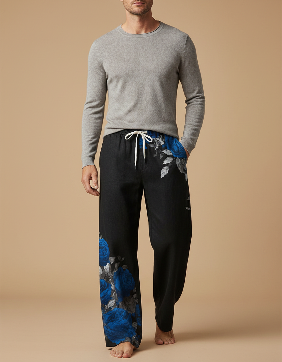 Pantalon Fluide Noir Ample Imprimé Roses Bleues Cordon Homme - Viscose