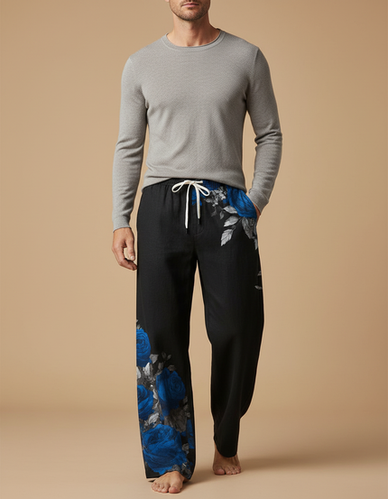 Pantalon Fluide Noir Ample Imprimé Roses Bleues Cordon Homme - Viscose