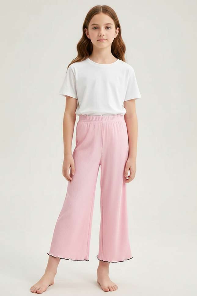 Pantalon Fluide Rose Côtelé Ample Décontracté Fille - Maille