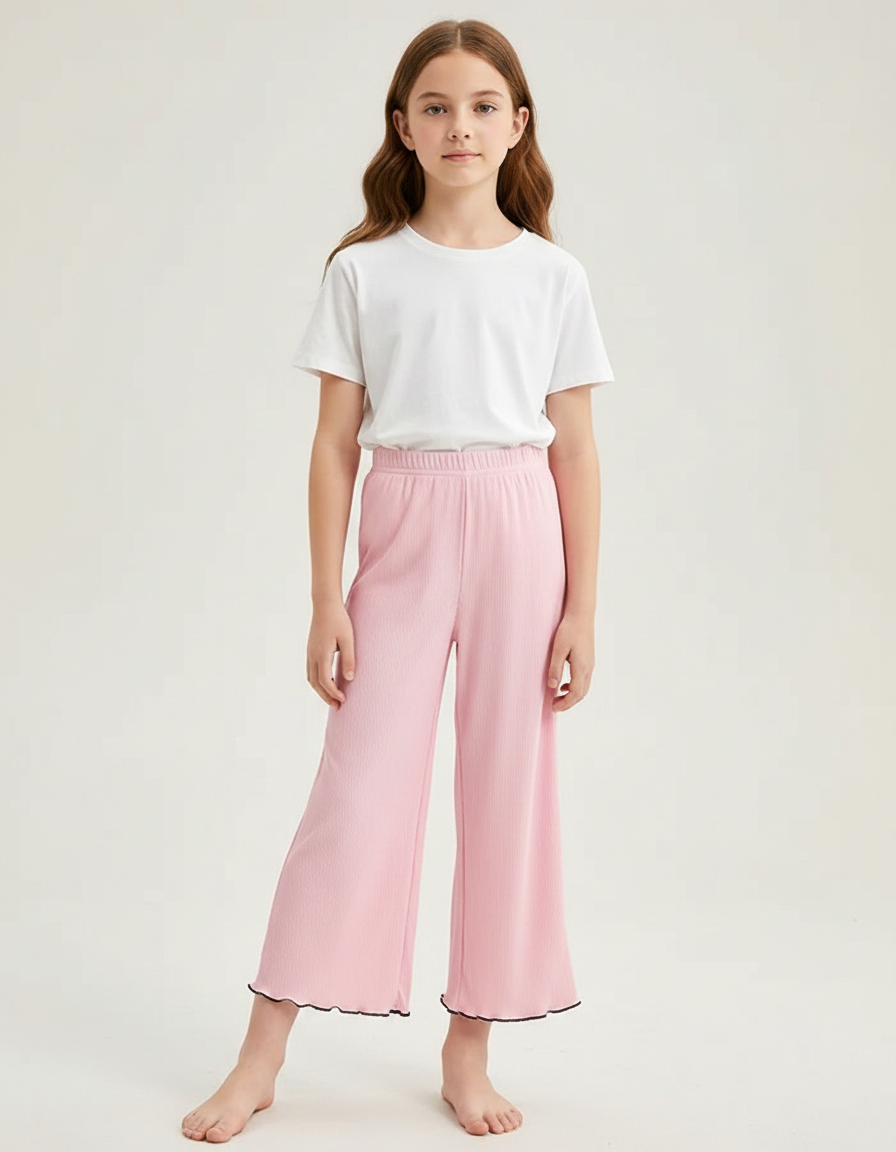 Pantalon Fluide Rose Côtelé Ample Décontracté Fille - Maille
