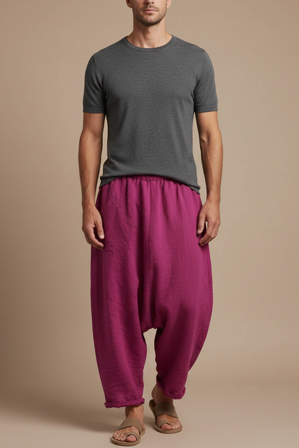 Pantalon Fluide Lin Ample Sarouel Magenta Homme - Rose