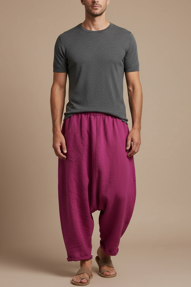 Pantalon Fluide Lin Ample Sarouel Magenta Homme - Rose