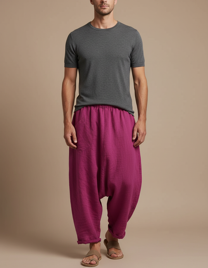 Pantalon Fluide Lin Ample Sarouel Magenta Homme - Rose