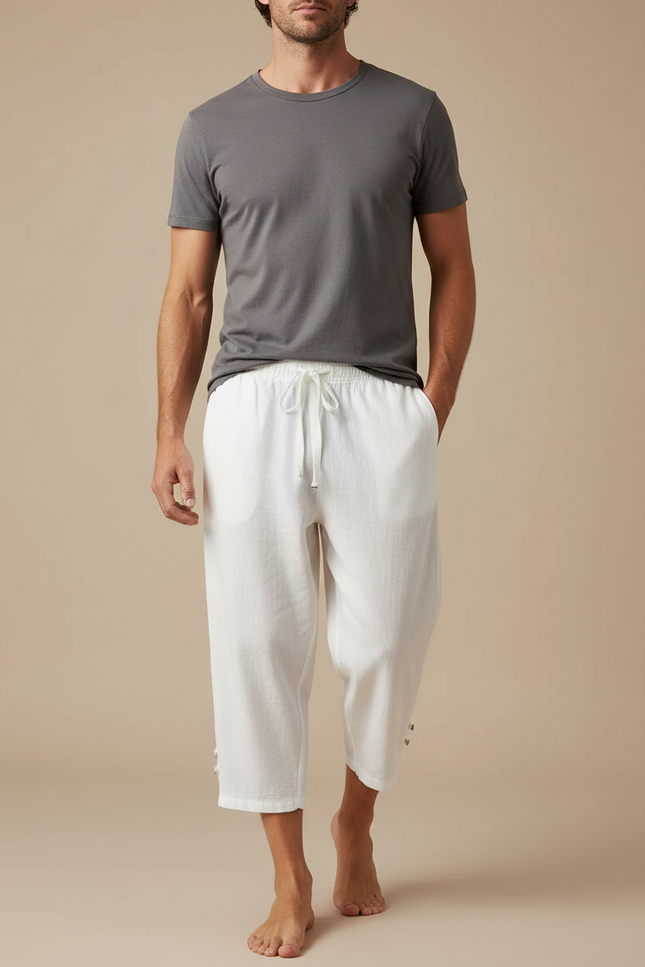 Pantalon Fluide Blanc Lin Coton Ample Décontracté Homme