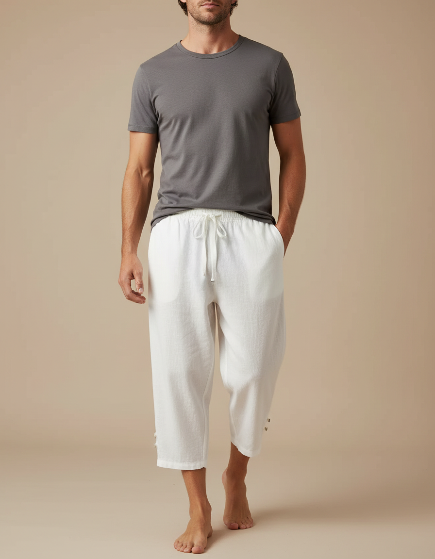 Pantalon Fluide Blanc Lin Coton Ample Décontracté Homme