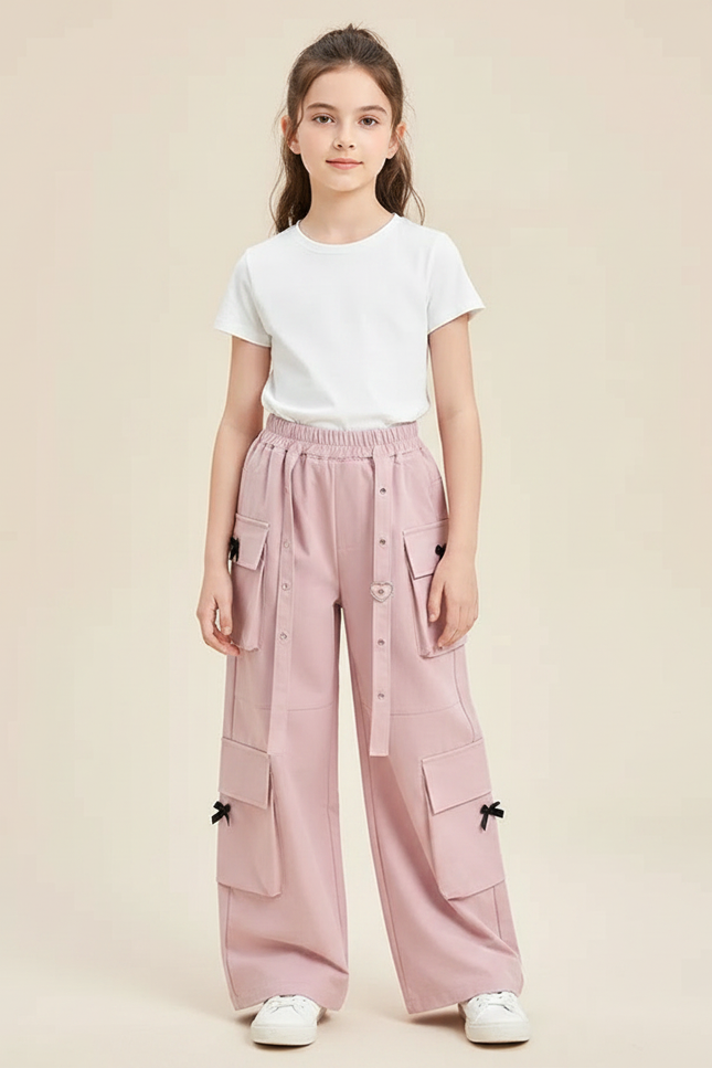 Pantalon Fluide Rose Cargo Ample Fille Ceinturé - Gabardine