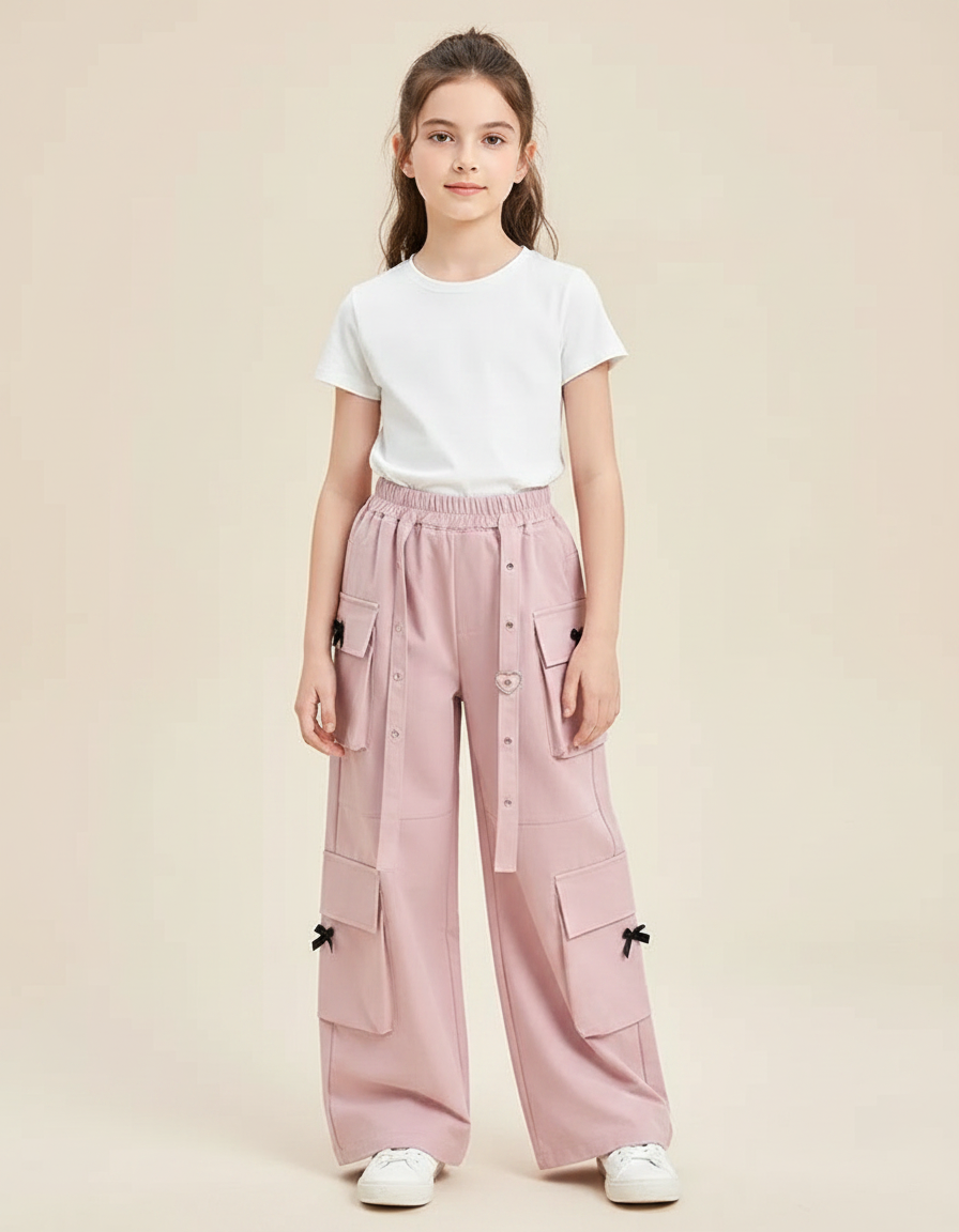 Pantalon Fluide Rose Cargo Ample Fille Ceinturé - Gabardine