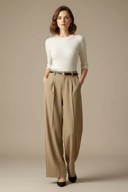 Pantalon Fluide Beige Large Plissé Élégant Décontracté - Polyester