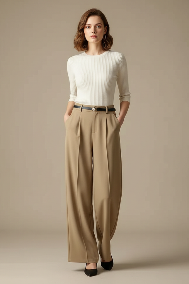 Pantalon Fluide Beige Large Plissé Élégant Décontracté - Polyester