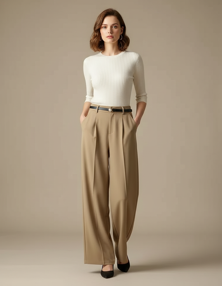 Pantalon Fluide Beige Large Plissé Élégant Décontracté - Polyester