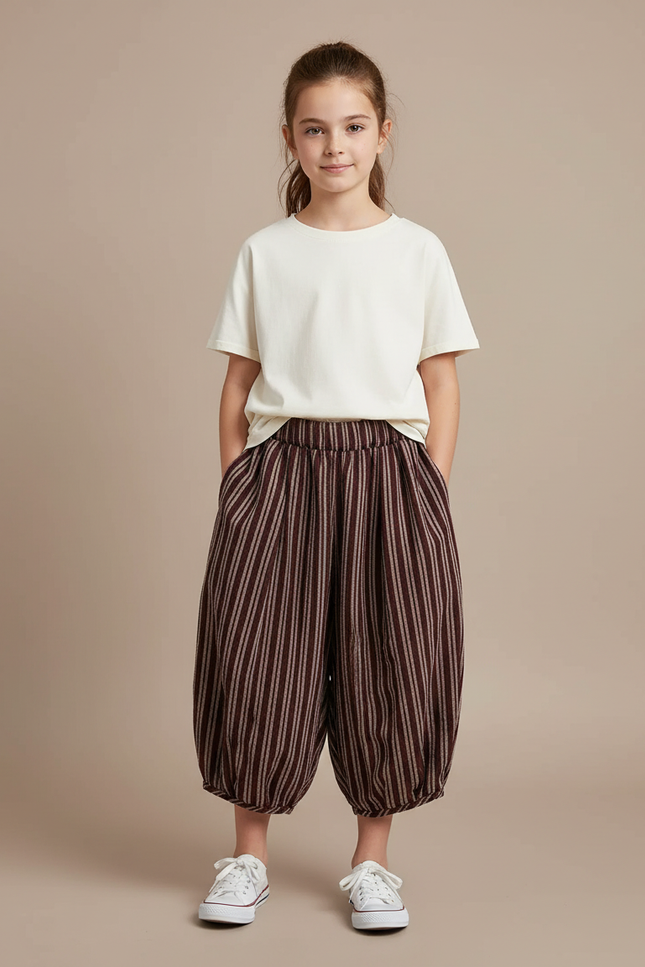 Pantalon Fluide Marron Rayé Ample Coton Décontracté
