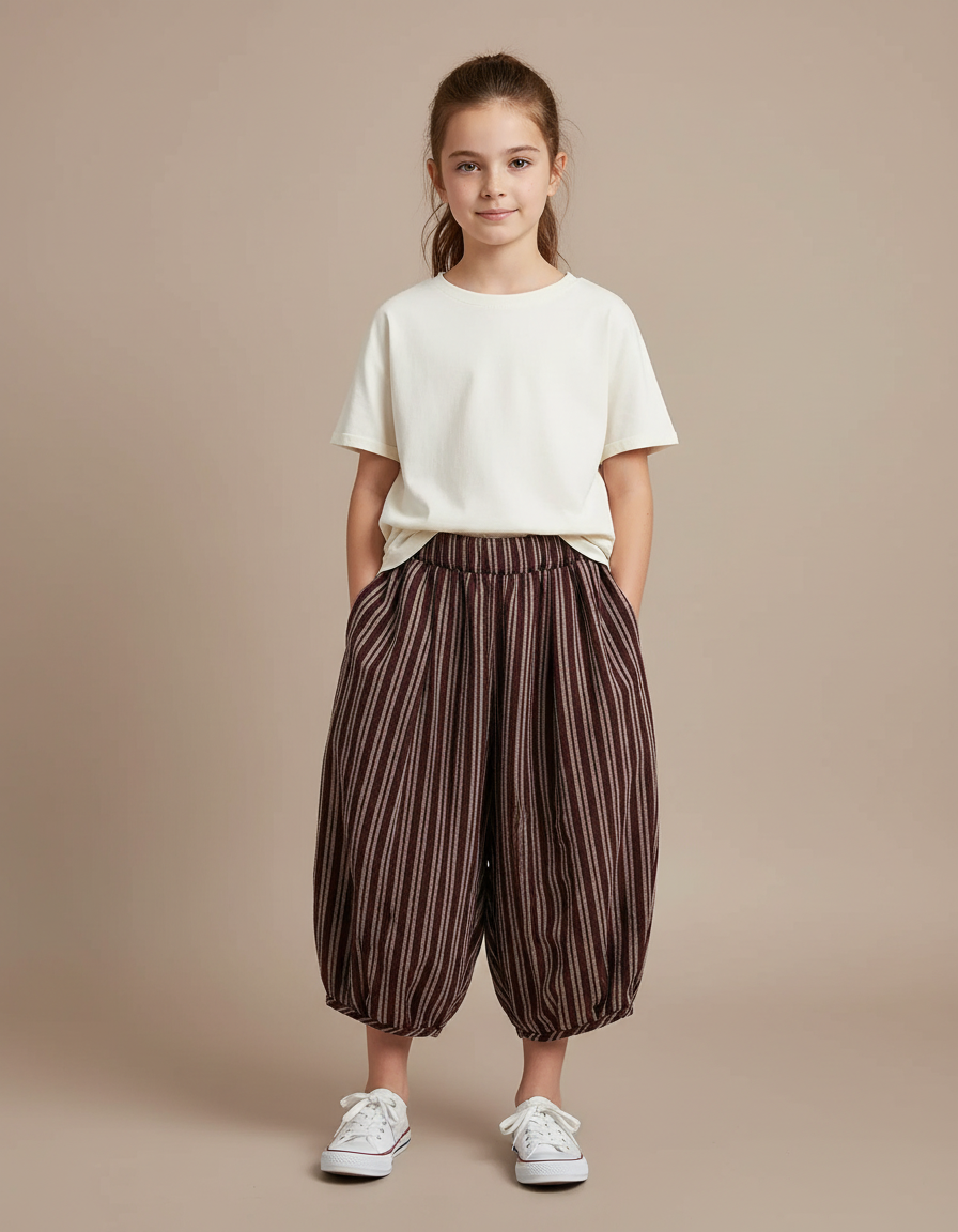Pantalon Fluide Marron Rayé Ample Coton Décontracté