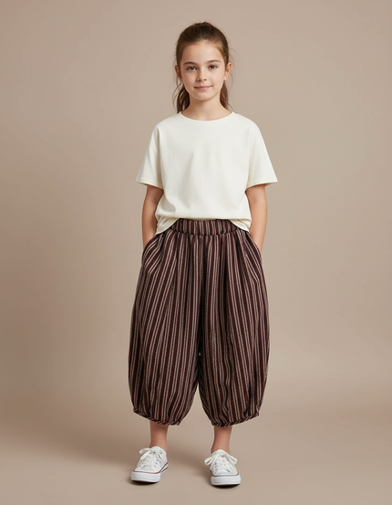 Pantalon Fluide Marron Rayé Ample Coton Décontracté