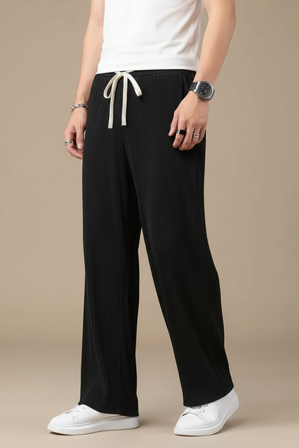 Pantalon Fluide Noir Plissé Droit Cordon Homme - Polyester