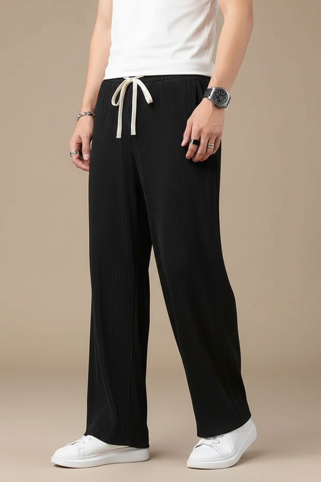 Pantalon Fluide Noir Plissé Droit Cordon Homme - Polyester