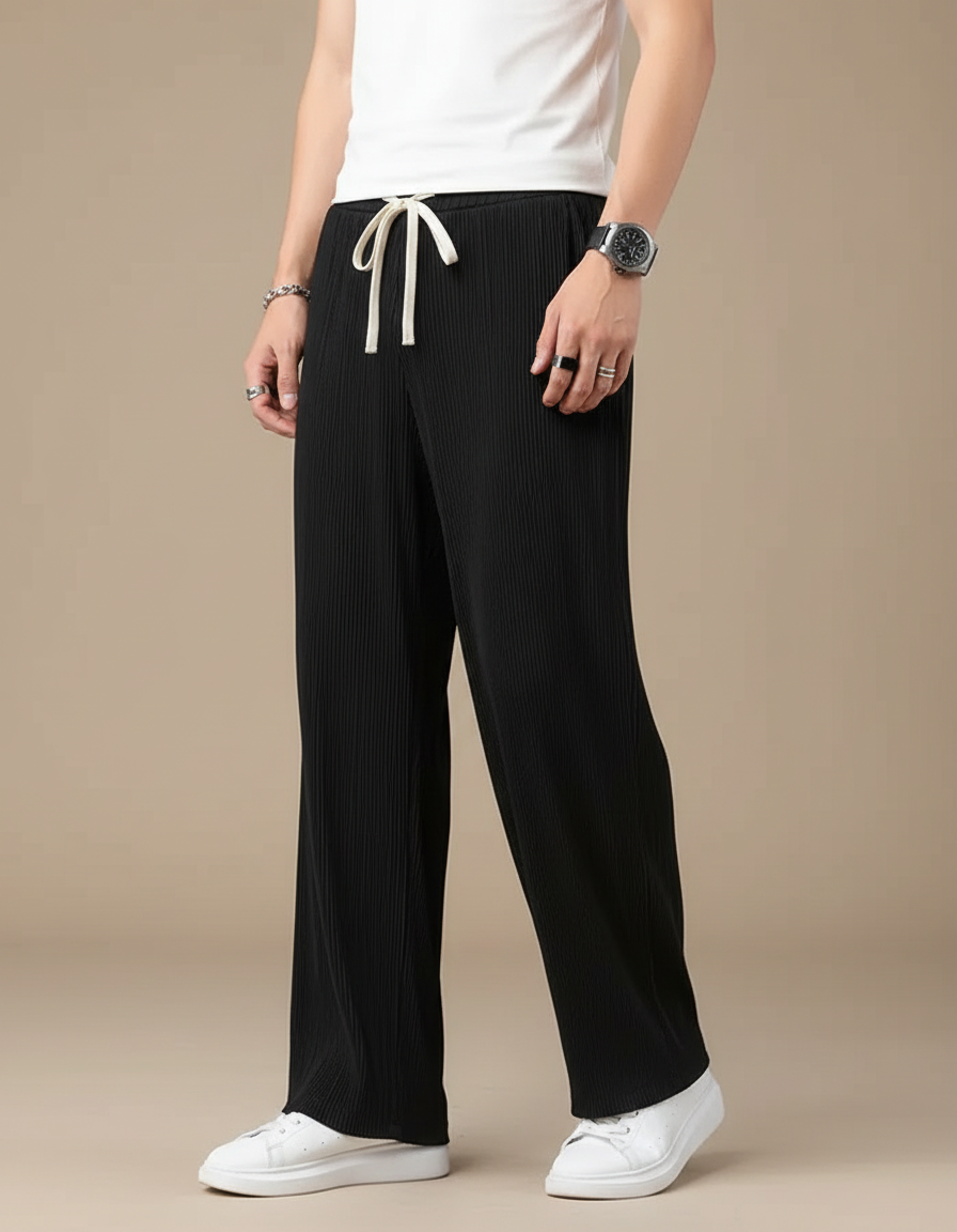 Pantalon Fluide Noir Plissé Droit Cordon Homme - Polyester