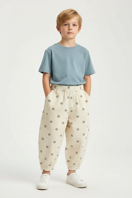 Pantalon Fluide Écru Ample Motifs Floraux Enfant - Beige Toile