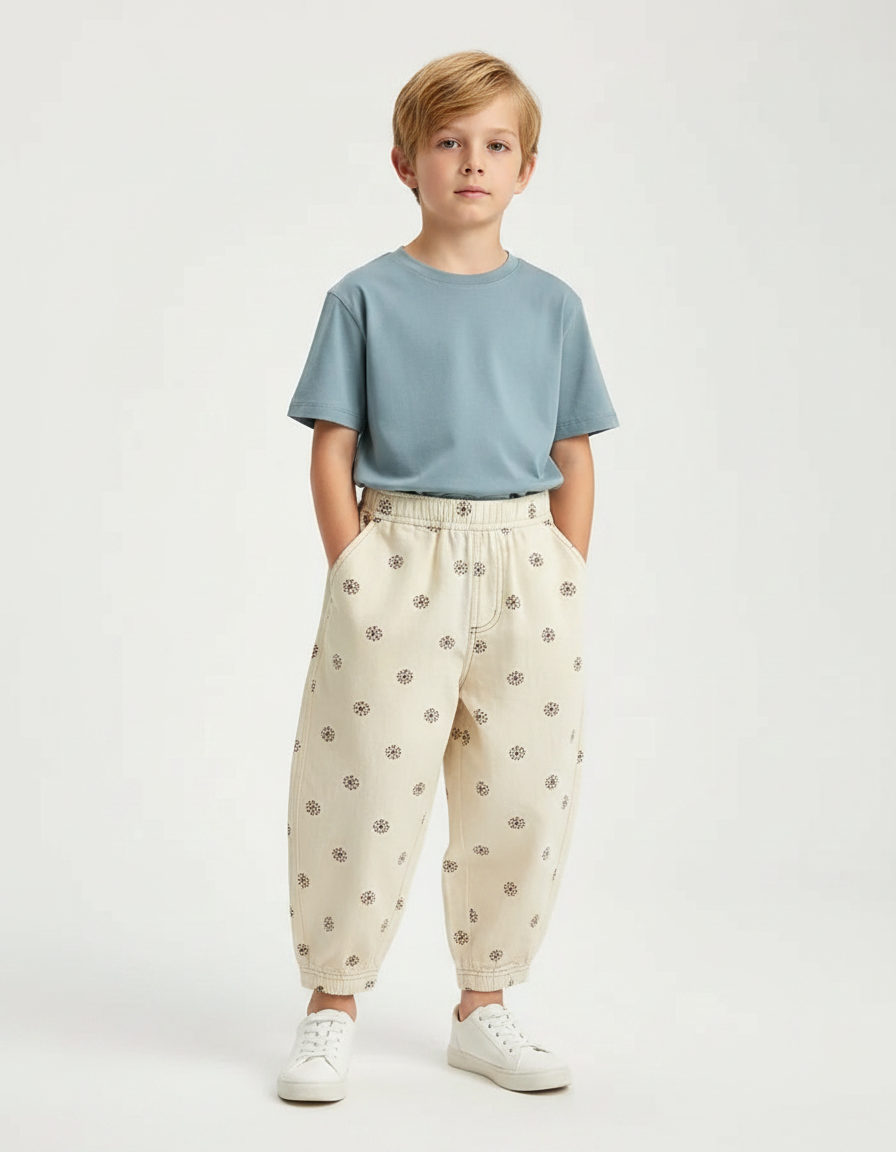 Pantalon Fluide Écru Ample Motifs Floraux Enfant - Beige Toile
