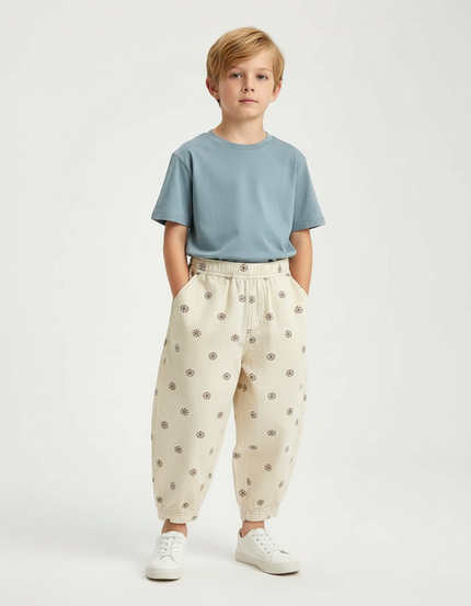 Pantalon Fluide Écru Ample Motifs Floraux Enfant - Beige Toile