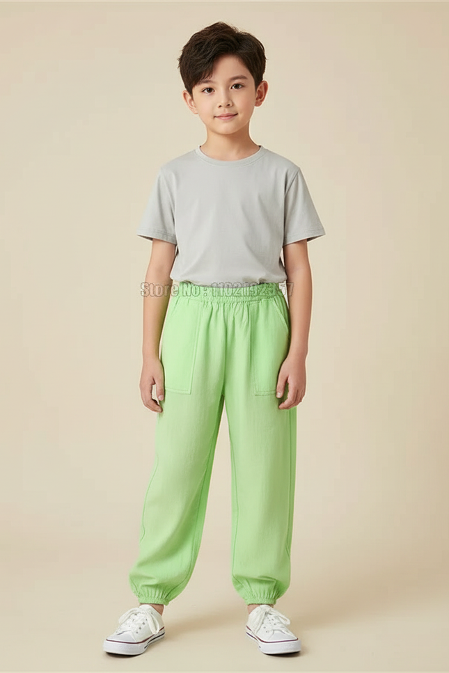 Pantalon Fluide Vert Ample Coton Enfants Décontracté - Lin