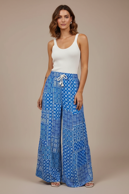 Pantalon Fluide Bleu Imprimé Géométrique Ample Cordon - Viscose