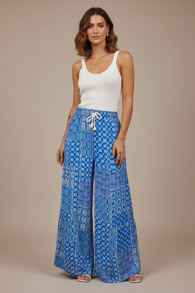 Pantalon Fluide Bleu Imprimé Géométrique Ample Cordon - Viscose