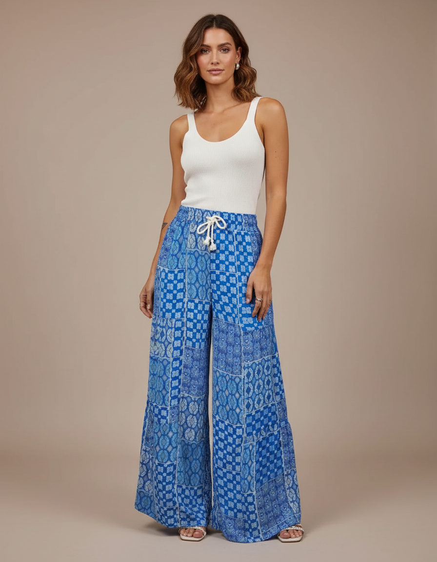Pantalon Fluide Bleu Imprimé Géométrique Ample Cordon - Viscose