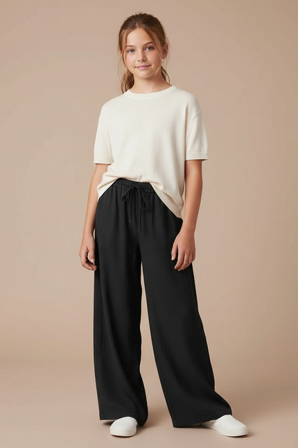 Pantalon Fluide Fille Noir Coupe Ample - Viscose