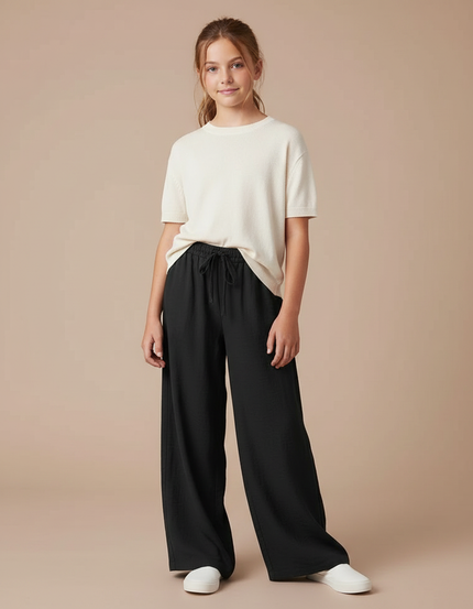 Pantalon Fluide Fille Noir Coupe Ample - Viscose