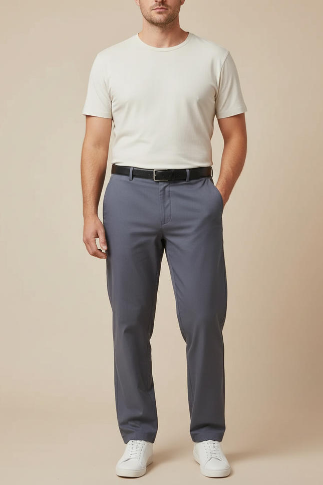 Pantalon Fluide Homme Gris Droit Extensible Décontracté - Polyester