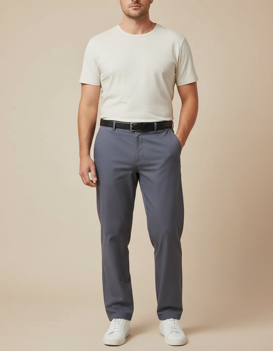 Pantalon Fluide Homme Gris Droit Extensible Décontracté - Polyester