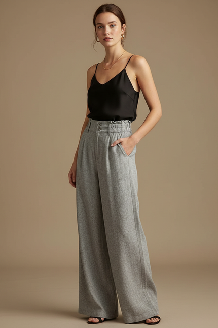 Pantalon Fluide Gris Ample Élastiqué Tissé Femme - Tweed