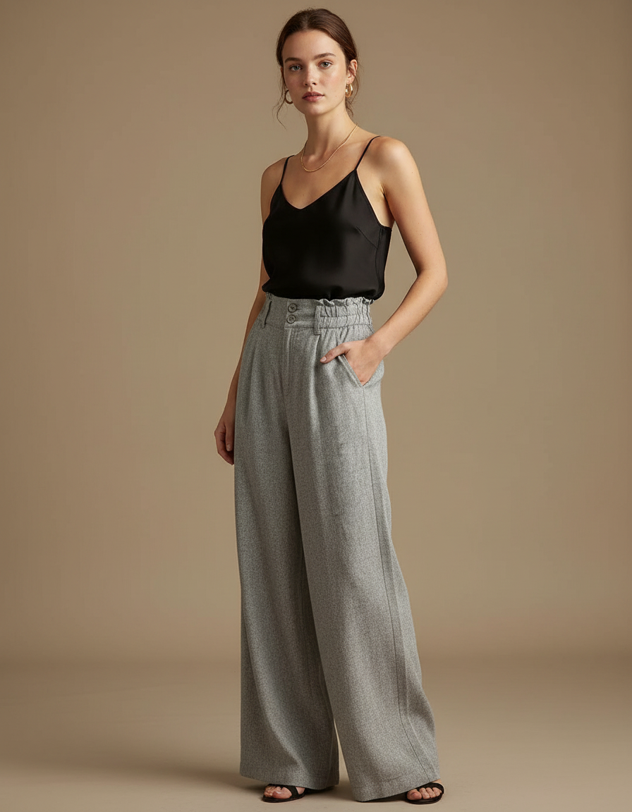 Pantalon Fluide Gris Ample Élastiqué Tissé Femme - Tweed