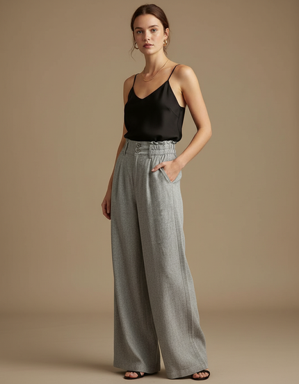 Pantalon Fluide Gris Ample Élastiqué Tissé Femme - Tweed
