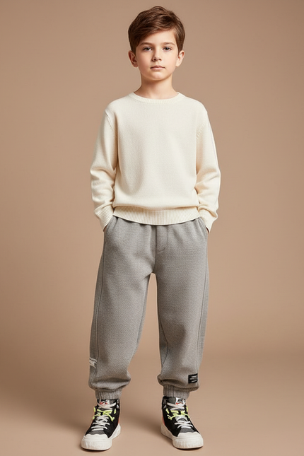 Pantalon Fluide Gris Ample Maille Gaufre Garçon